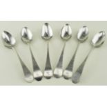 American set of six silver Coffin-end teaspoons, Boston c. 1815 by Richard Ward. Weighs 2½ oz