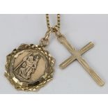 9ct St. Christopher pendant and cross pendant on box chain, 74cm long, weight 10.4g
