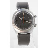 Gents Omega "Chronostop" wristwatch, circa 1972. The black dial with silvered baton markers and date