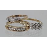 9ct diamond half eternity 0.15ct channel set ring, size N, weight 2.5g. 9ct triple diamond cluster