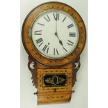 Victorian walnut wall clock, with inlaid decoration, pendulum & key present, dial diameter 30cm,