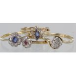 Four 18ct yellow gold gem set cluster rings, total weight 8.6g