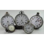 Three gents silver open face pocket watches along with two early silver cased wristwatches