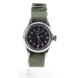 British military issue Jaeger le Coultre stainless steel cased wristwatch, the black dial set with