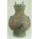 Large Chinese bronze arcahic storage vessel with 2 handles depicting beast heads 330 x 230mm