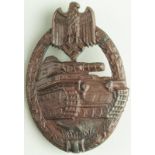 German Panzer Assault badge in bronze, pressed metal, lighter weight for combat wear. GVF