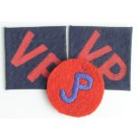 Badges a pair of cloth WW2 Divisional signs "VP" & a single "JP". NEF