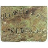 Early belt plate dug out of the Thames, inscribed 'W.Clake Travers. 14th K L Dragoons'. In relic