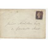 GB 1840 1d Penny Black (J-K) identified as likely Plate 4, 3 margins, tied to small envelope to