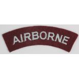 Cloth Badge: AIRBORNE WW2 embroidered felt shoulder title badge in excellent unworn condition.