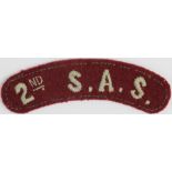 Cloth Badge: 2nd. S.A.S. - WW2 embroidered felt shoulder title badge in excellent worn condition.