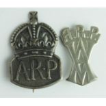 Badge a Vickers Armstrong silver ARP Lapel badge and Ladies issue, ARP pin back badge. GVF