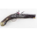 Flintlock pistol, unusual pocket size, possibly Spanish (total length 21.5 cm approx) engraved brass