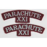 Cloth Badges: PARACHUTE / XXI WW2 pair of embroidered felt shoulder title badges in excellent