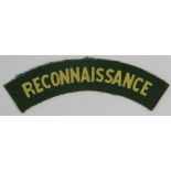 Cloth Badge: RECONNAISSANCE - Reconnaissance Corps WW2 printed cloth shoulder title badge in