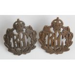 Badges: R.F.C. - Royal Flying Corps WW1 Officer's Service Dress Collar Badge Bronze Metal Pair in
