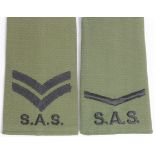 Cloth Badges: S.A.S. Lance Corporal & Corporal slip-on Shoulder title badges in excellent condition.