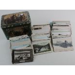 Old tin of UK and Foreign postcards inc London, plus India, Ceylon, Australia (90), Middle East,