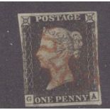 GB 1840 1d Penny Black (G-A) identified as likely Plate 1b, 3 margins, no tears thins or creases,