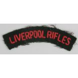 Cloth Badge: LIVERPOOL RIFLES WW1 embroidered felt shoulder title badge in excellent worn