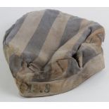 Jewish Concentration camp interest a striped cap, worn, but in good overall condition, one area of