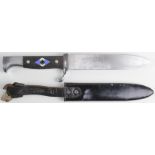 German early post war Hitler Youth knife with scabbard and frog, plain blade, blue and white