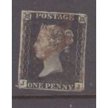 GB 1840 1d Penny Black (J-J) identified as likely Plate 5, 4 margins complete but close, no tears