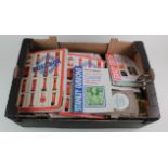 Banana box tray packed with mixed stamps in tins, albums, loose, old reference books etc (Qty) Buyer