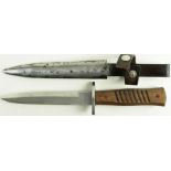 German WW2 fighting dagger, paint worn from scabbard, Solingen marked blade, wooden grip, overall.