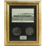 Lusitania interest - two medallions, a commemorative stamps and a reproduction postcards, all in a