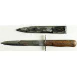 German WW2 fighting dagger / boot knife, paint worn on scabbard, 1942 dated blade, wooden grips.