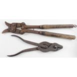 WW1 wire cutters x2, large pair with wooden grips and pair of folding type