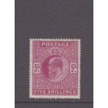 GB - KEDVII 1902, 5/- SG263 bright carmine, LMM, gum cracking noted, cat £450