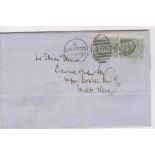 GB 1867 entire to Montevideo Uruguay franked pair 1s green SG.101 written from Manchester endorsed