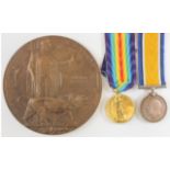 BWM & Victory medals with Death Plaque to 23237 Pte William Rodgers 7th Bn. Royal Fusiliers, K in
