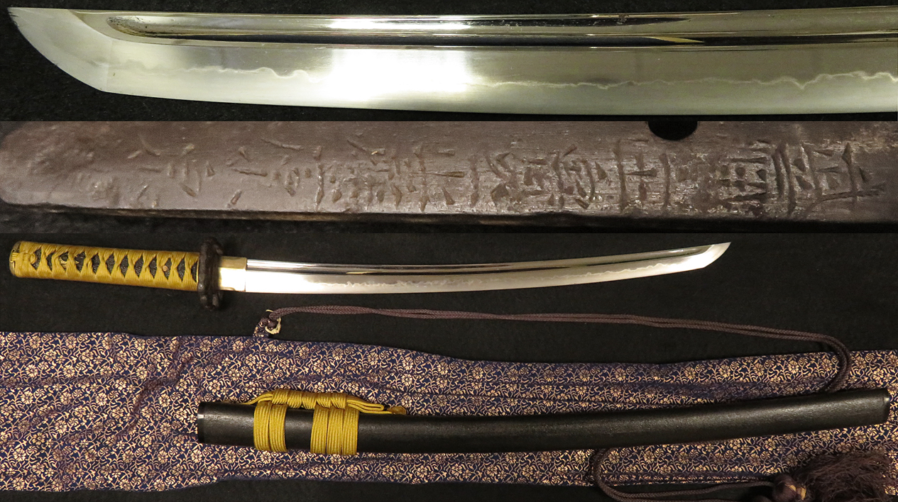 Japanese Wakizashi sword with scabbard, yellow ITO and Sageo, blade 49cm, signed Tang, with