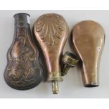 Copper and leather powder flasks, various types, c19th century