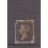 GB 1840 1d Penny Black (L-H) identified as likely Plate 1b, 4 margins but cut into design at upper-