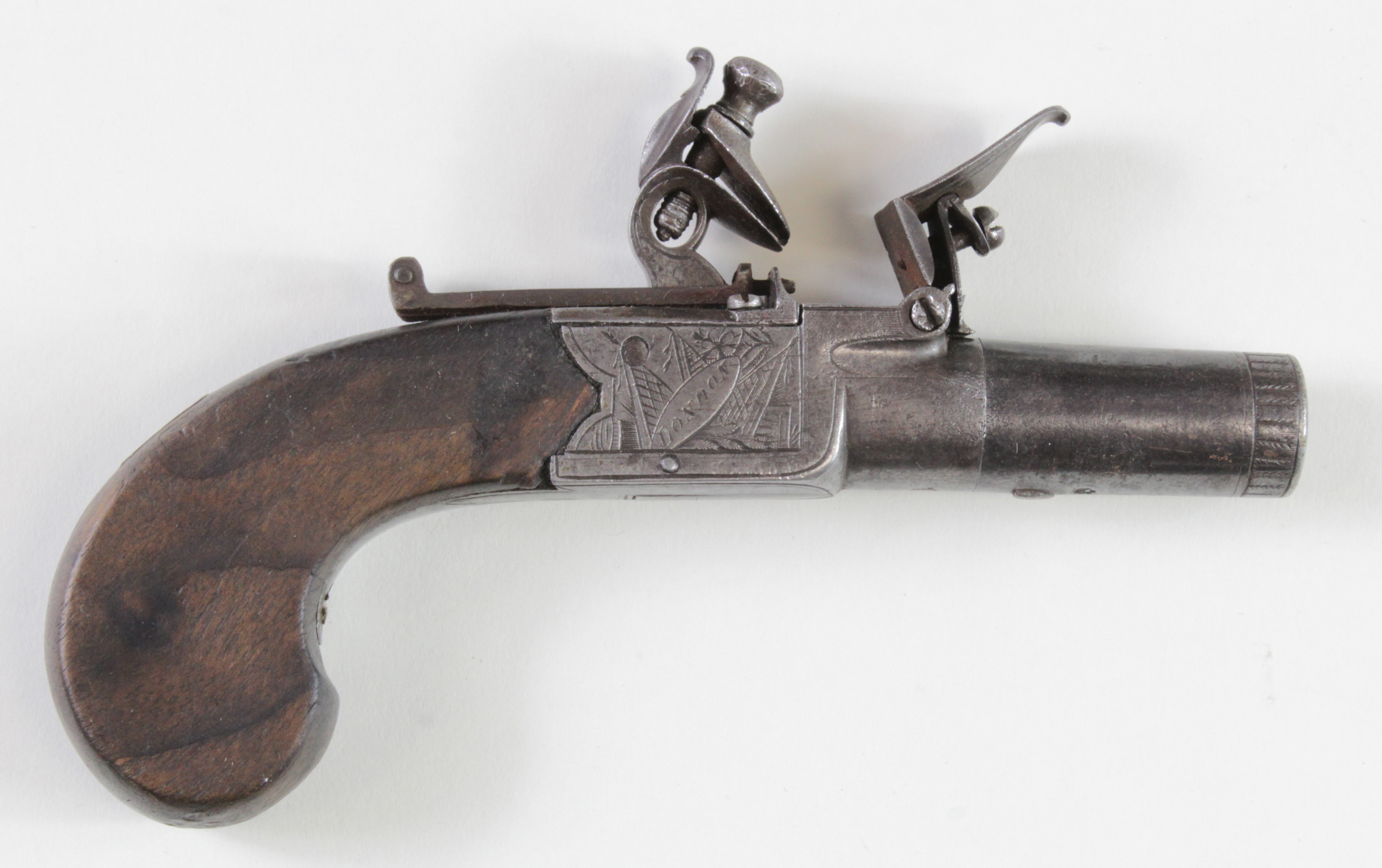 Flintlock late 18th early 19th century box lock pocket pistol signed London.