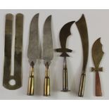 WW1 trench art collection of paper knife made from bullet casings shell drive bands etc. (5)