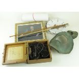 Box of various Militaria inc Swagger Stick 16th Bn Londons, RAF prints, plates, WW2 gun mount,