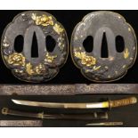 Japanese Wakizashi sword with black and gold scabbard, black and gold Kashira, Menuki, Fuchi,