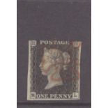 GB 1840 1d Penny Black (M-L) identified as likely Plate 6, 3 margins, no tears thins or creases, red