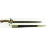 German Hunting dagger with leather and metal scabbard, blade with attractive hunting scene, maker