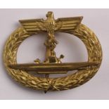 German Nazi Submarine War Badge, nice gilt example, no makers mark
