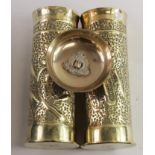 WW1 trench art pair of heavy embossed shell cases with Suffolk Reg trench art ash tray. (3)