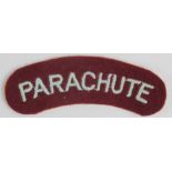 Cloth Badge: PARACHUTE - WW2 embroidered felt shoulder title badge in excellent unworn condition.