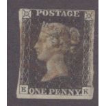 GB 1840 1d Penny Black (E-K) identified as likely Plate 6, 2 good margins and others close, no tears