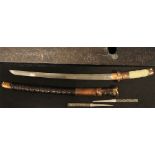 Japanese Wakizashi civilian sword. Blade 47cms. Copper mounted ribbed wooden Saya. Signed Tang (
