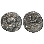 Roman Republican silver denarius of M.Tullius, Rome Mint 120 B.C., reverse:- Victory in quadriga,